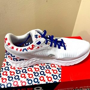 Saucing red white and blue sneakers